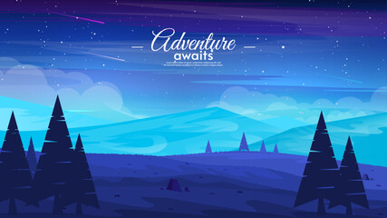 Vector night landscape. Flat style illustration. Bright mountains with hills and trees. Beautiful sky with stars and comets. 