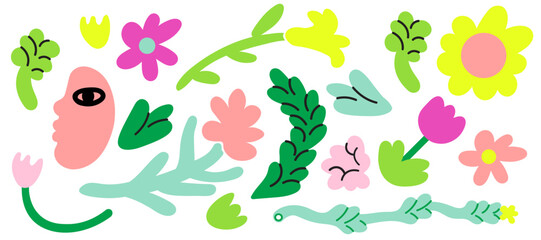 set of plants and flowers in flat style in vector. template for greeting card design sticker poster