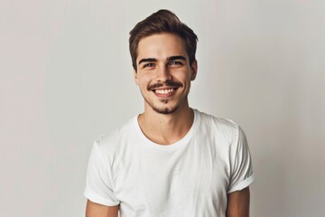 Joyful young man smiling widely in a white t-shirt, on a gray background. Suitable for fashion and positive emotion themes.