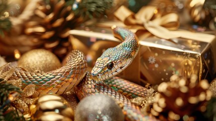 A scaly, rainbow-colored snake weaves through a festive array of Christmas presents and decorations, highlighting a theme of unexpected holiday surprises.