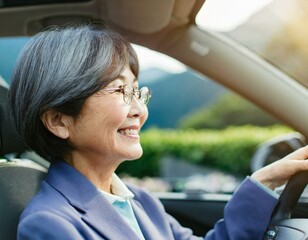 車を運転する笑顔のシニア女性