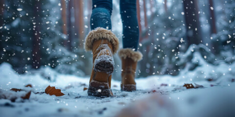 A woman walks in the winter forest, with snow falling around them., banner