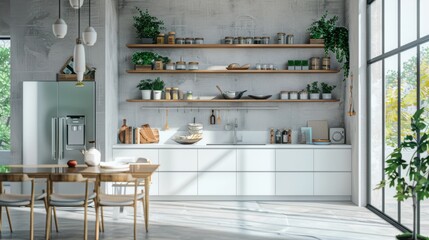Modern kitchen with white cabinetry, wooden countertops, and open shelving adorned with plants and jars, creating a cozy and natural atmosphere.