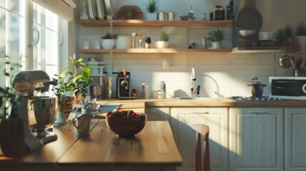 Modern kitchen with white cabinetry, wooden countertops, and open shelving adorned with plants and jars, creating a cozy and natural atmosphere.