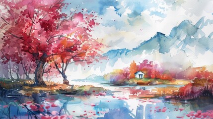 Watercolor painting of a serene landscape with vibrant red autumn trees, a tranquil lake, a quaint cottage, and distant mountains under a soft, pastel sky.