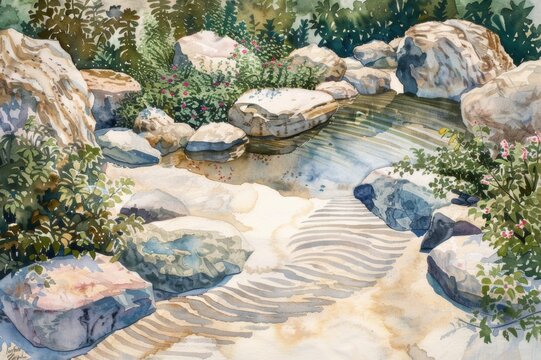 A watercolor illustration of a Zen garden featuring smooth stones, intricate sand patterns, a serene pond, and lush green trees and flowers.