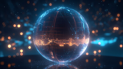 Obraz premium Illustration of digital earth with network lines and data points symbolizing global connectivity and information exchange on circuit board