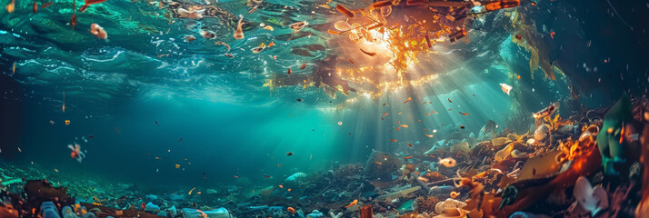 An underwater view of plastic waste floating in the ocean,  environmental issues,High plastic pollution in blue  Sea - obrazy, fototapety, plakaty
