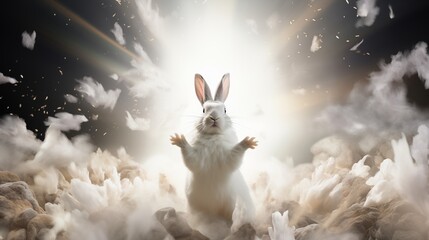 rabbit image depicting triumph over Easter's resurrection victory, symbolizing hope, renewal, and the triumph of good over evil.
 - obrazy, fototapety, plakaty