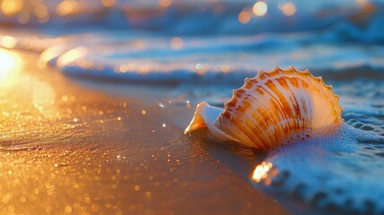 Sunset Sea with Shimmering Seashell Illustrating Peaceful Beach Moments - obrazy, fototapety, plakaty