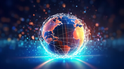 Obraz premium Illustration of digital earth with network lines and data points symbolizing global connectivity and information exchange on circuit board