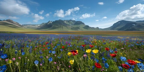 Fototapeta premium A field of wildflowers provides a vibrant foreground against a mountain backdrop. Concept Wildflowers, Mountain View, Nature, Landscape Photography, Scenic Beauty