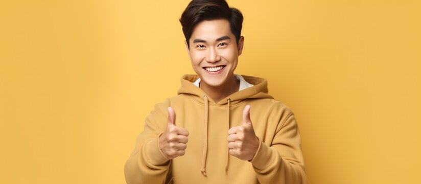 A handsome and attractive Asian man is smiling happily, wearing a beige hoodie, and giving a thumbs up gesture as a sign of approval and compliment. The man is isolated against a bright yellow