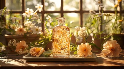 A bottle of perfume sits on a tray on a table with flowers