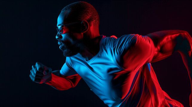 Commercial photo for a sports brand, black man, running, dynamic posture