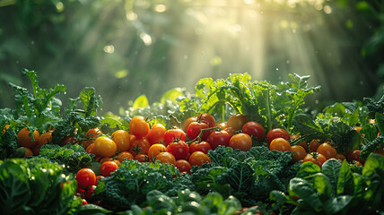 Sunlight beams over fresh tomatoes nestled in dewy green leaves. - obrazy, fototapety, plakaty