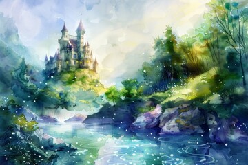 Obraz na płótnie Canvas A watercolor painting of a castle perched on a hill overlooking a shimmering river.