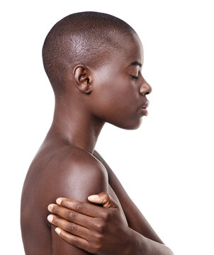 Profile of black woman, natural or skincare with beauty, cosmetics or healthy shine in studio. Side view, bald head or serious African girl model with wellness or glow results on white background