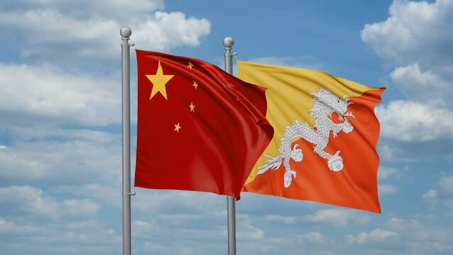 China and Bhutan two flags waving together, looped video