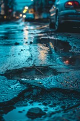 A street with potholes, a hole in the road.. Damaged asphalt. generative ai