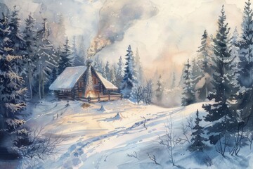 Fototapeta na wymiar A watercolor illustration depicting a snowy winter landscape featuring a small hut.