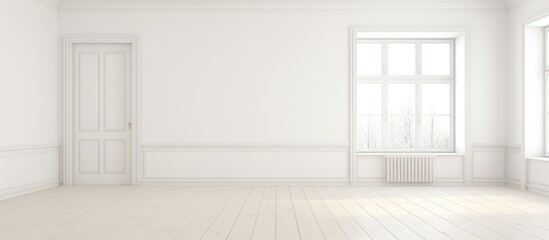 An empty room in white color with Scandinavian interior design. The room features two windows and a door, providing a simple and clean aesthetic. Light pours in through the windows,