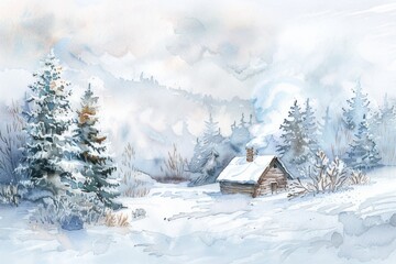 A watercolor illustration depicting a snowy winter landscape featuring a small hut.