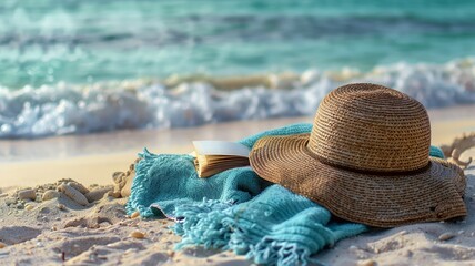 Obraz na płótnie Canvas Relaxing beach scene with straw hat, aqua marine towel, and a serene book