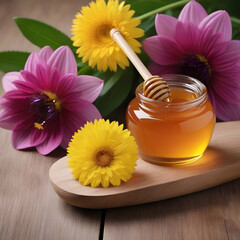 Honey jar with flowers. Honey product object photo