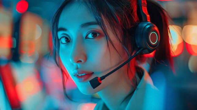 Woman Wearing Headset and Looking at Camera