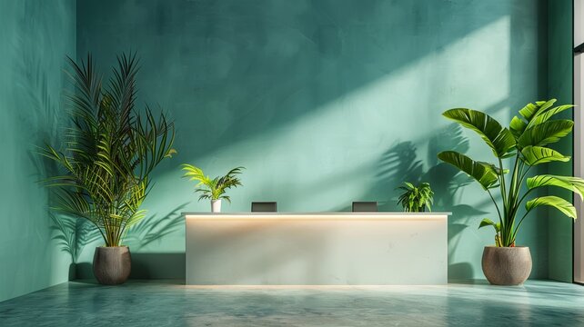 Modern reception area with sleek white desk and lush green plants in a minimalist interior