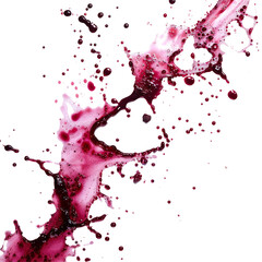 Dynamic splash of red wine or blood with droplets suspended in the air, capturing a lively and energetic movement, isolated on a white background.