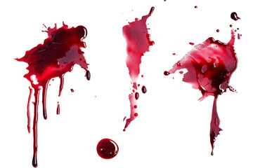 Splash of red wine or blood in various dynamic shapes, symbolizing movement and vitality, ideal for medical or criminal backgrounds