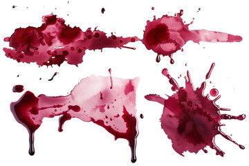 Splash of red wine or blood in various dynamic shapes, symbolizing movement and vitality, ideal for medical or criminal backgrounds