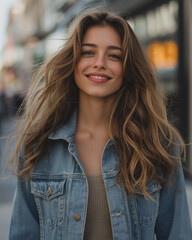 Portrait of pretty young smiling woman with long light brown or dirty blonde hair wearing jeans jacket in spring time, walking on urban street. Generative AI - 754274786