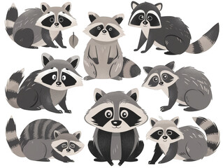 Collection of cute cartoon raccoons in various poses, ideal for children's books, wildlife education, and character design.