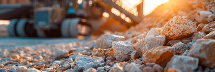Closeup of rocks and earth at the site of an open pit mine, mine mining process in fabric - obrazy, fototapety, plakaty