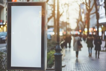 Sidewalk billboard mockup with a blurred city street scene. Urban marketing strategy