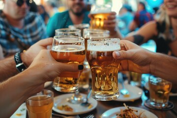 hands with beer mugs cheering, ai generated