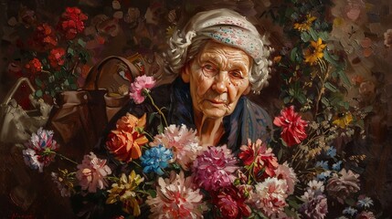 Obraz na płótnie Canvas grandmother with a bouquet of flowers.