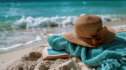 Relaxing beach scene with straw hat, aqua marine towel, and a serene book
