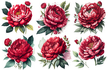 Set of peony flowers arrangement. Wedding concept - flowers. Floral poster, invitation. Watercolor illustration set - obrazy, fototapety, plakaty
