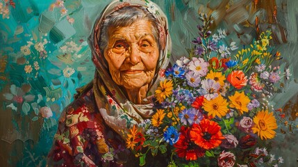 grandmother with a bouquet of flowers.