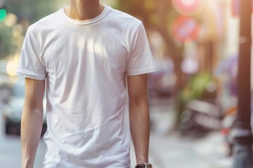 Young Model T-Shirt Mockup, Man Wearing White T-Shirt on a Blurred Street Background
