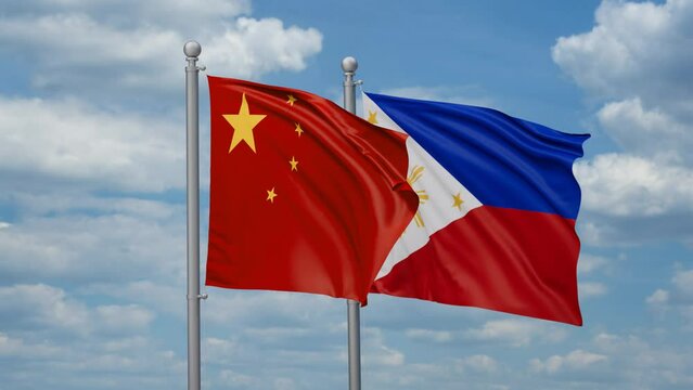 Philippines and China two flags waving together, looped video, two country cooperation concept
