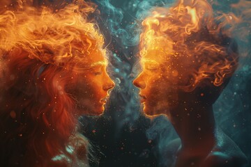 Two silhouetted faces with a dynamic fiery hairstyle represent human profiles against a dark background - obrazy, fototapety, plakaty