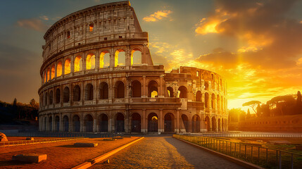 Colosseum in Rome at sunset, Italy. The Roman Coliseum is one of the main tourist attractions in Rome. - obrazy, fototapety, plakaty