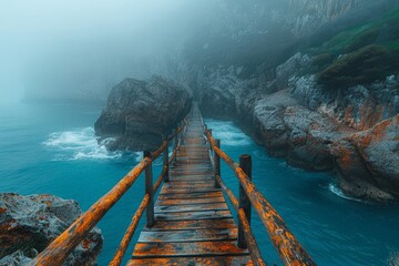 An old, rusty pedestrian bridge perched over rugged cliffs against a misty oceanic backdrop