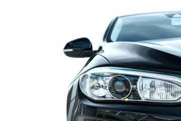 Closeup on headlight of a generic and unbranded black car on a white background