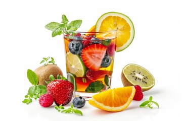 Glass filled with colorful cocktail garnished with fresh fruits and herbs, isolated on a solid white background. 